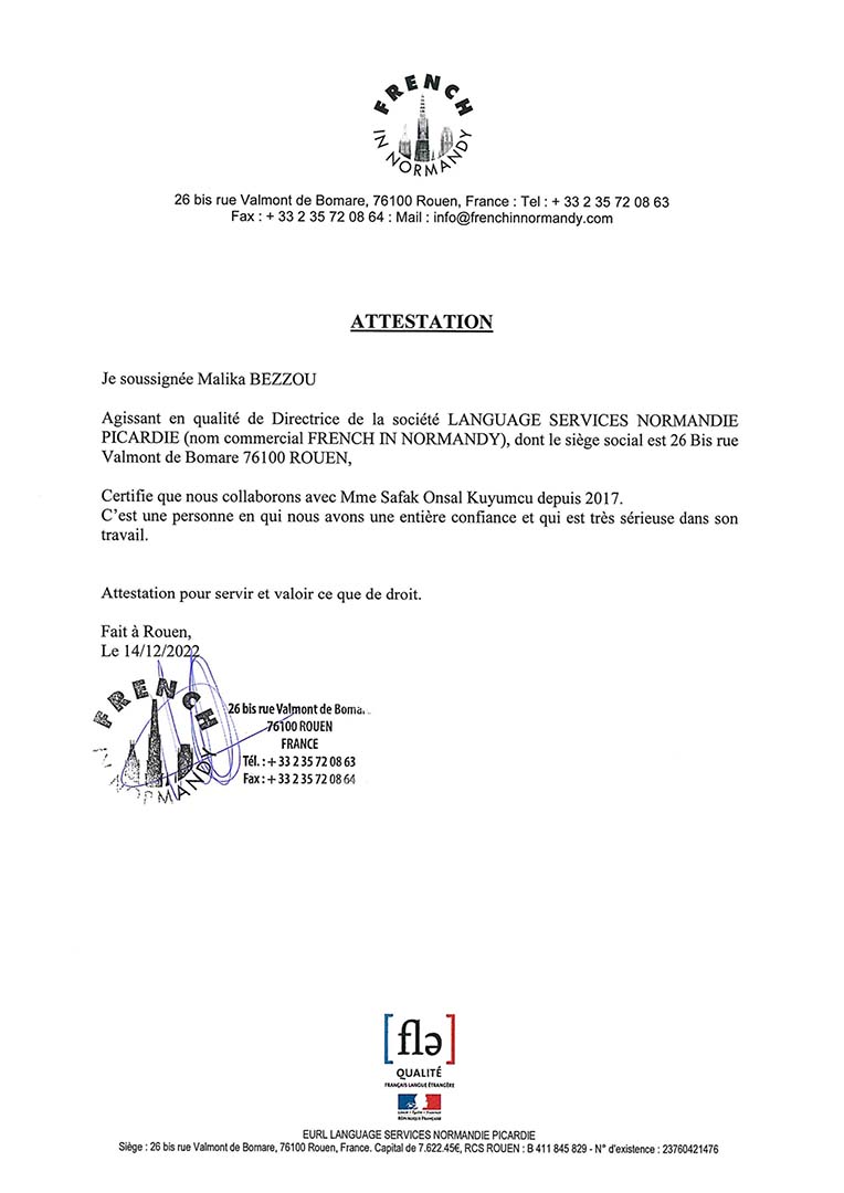 Referans Mektupları - Malika Bezzou French in Normandy